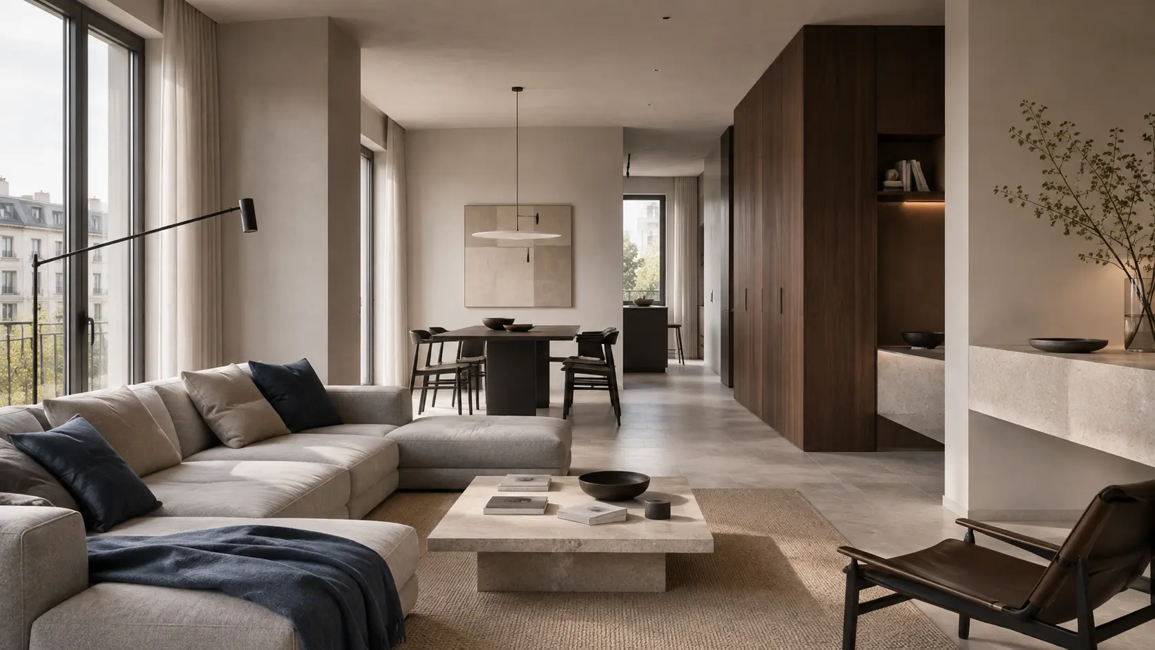 Modernes Wohn- und Esszimmer mit klarer Raumaufteilung und natürlichen Materialien