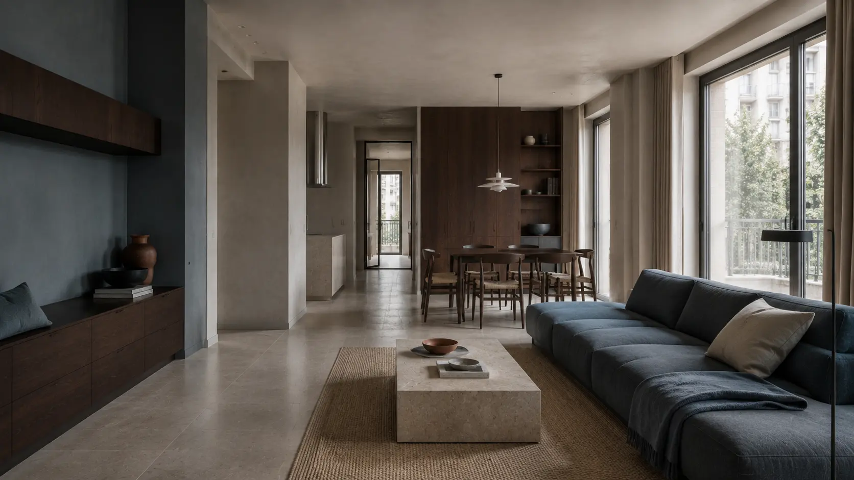 Ganzheitlich gestaltetes modernes Interieur mit klarer Raumaufteilung und natürlichen Materialien